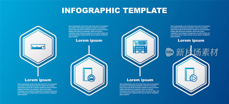 Set line Ruler, Audio book, Supermarket building and . Business infographic template. Vector